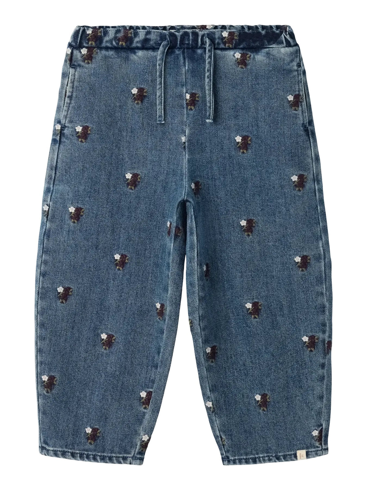 Lil’ Atelier Roberta barrel jeans med blomsterbroderi, Dark Blue Denim, sett forfra